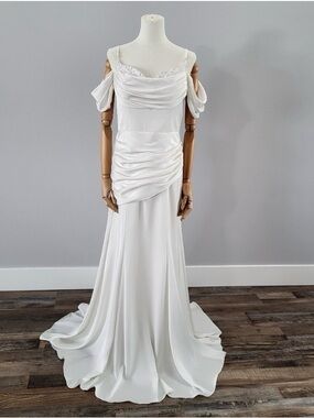 Mori Lee White Off-Shoulder Ruched Satin Wedding Gown